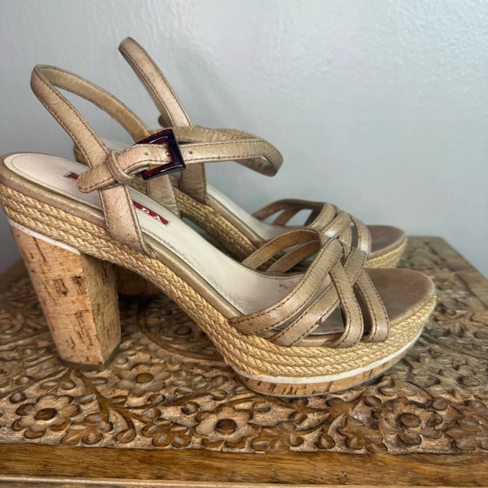 Prada Women's Leather Espadrille Cork Platform Sandals Sz 36